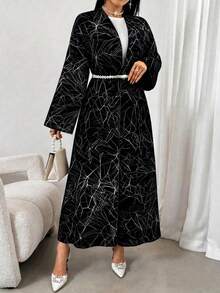 Elegant Jacquard Long Sleeve Abaya Robe - Muslim Women Summer Outerwear - Black - View 5