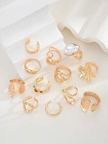 Set de 12 anillos de mujer con diseños retro elegantes, incrustados con elementos metálicos, perlas falsas, gemas falsas, flores, líneas geométricas y texturas de pliegues. Anillos minimalistas y exagerados de alta gama, apilables, adecuados para vacaciones, fiestas, citas, regalos y uso diario. - Amarillo Oro - Ver 4