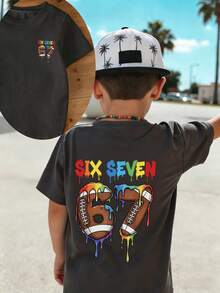 Young Boy Casual Graphic Print Crew Neck Short Sleeve T-Shirt, Summer Top - Dark Grey - View 1