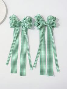 2pcs Back To School Plaid Bow Ribbon Hair Clips, Suitable For Daily Use - Dark Green - View 4