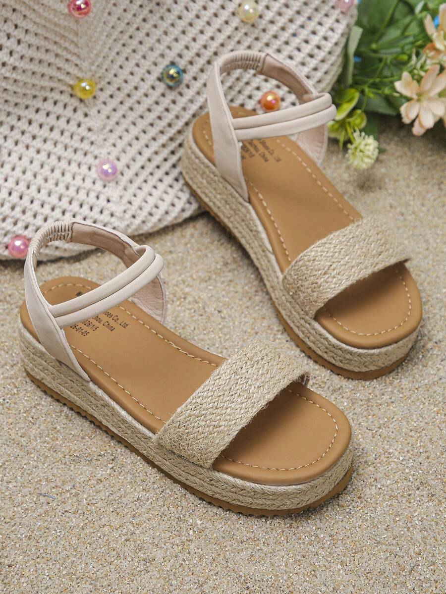 1 Par de Sandálias de Verão para Meninas, Estilo Minimalista e da Moda para Praia e Férias, Sandálias de Plataforma Bege com Sola Grossa, Sandálias de Palha Trançada de Verão para Crianças, Adequadas para Férias e Uso Diário