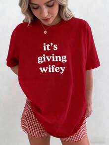 2026 Women' Its Giving Wifey Print T Shirt,Bride To Be Oversized Heavy Cotton Tee,Honeymoon Wedding Daily WearEnd Of - 紅色 - 查看 1