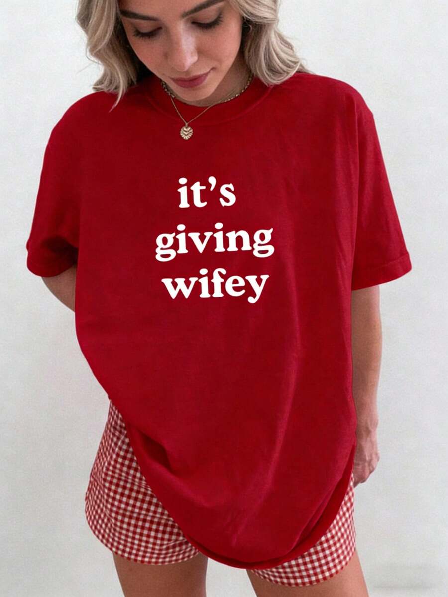 2026 Women' Its Giving Wifey Print T Shirt,Bride To Be Oversized Heavy Cotton Tee,Honeymoon Wedding Daily WearEnd Of - 紅色 - 查看 1