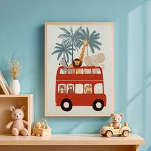 1幅帆布墙画，动物巴士主题儿童房墙画，野生动物园主题儿童房装饰，丛林主题儿童房装饰，红色伦敦巴士艺术印刷品，游戏室海报，婴儿房墙画，婴儿房装饰海报，幼儿园装饰 - 彩色 - 查看 5