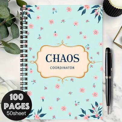 1 Stück Blumen-Spiralblock, Cover Muster mit "CHAOS KOORDINATOR", 100 Seiten (50 Blatt) praktische Innenseiten, geeignet für Arbeit, Studium, Schule, Tagebuchschreiben und tägliche Planung. Tolles Geschenk zur Graduierung, zum Geburtstag, zum Notieren von Inspiration, hervorragende Wahl als Geschenk.