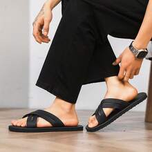 Dép lê da đen đơn giản dành cho nam năm 2026, dép đi ngoài trời chất lượng cao, đế mềm, đa năng, có thể mang nhiều lớp. - màu đen - Xem 5