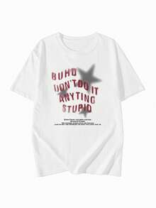 Women's Casual Loose Fit Round Neck Letter & Star Print Short Sleeve T-Shirt, Versatile For Spring/Summer White - White - View 4