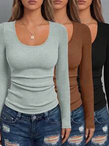 3pcs Women's Fashion Long Sleeve Round Neck Fitted Basic Shirt, Comfortable Long Sleeve T-Shirt, Spring/Autumn - Mixed Color 1 - View 1