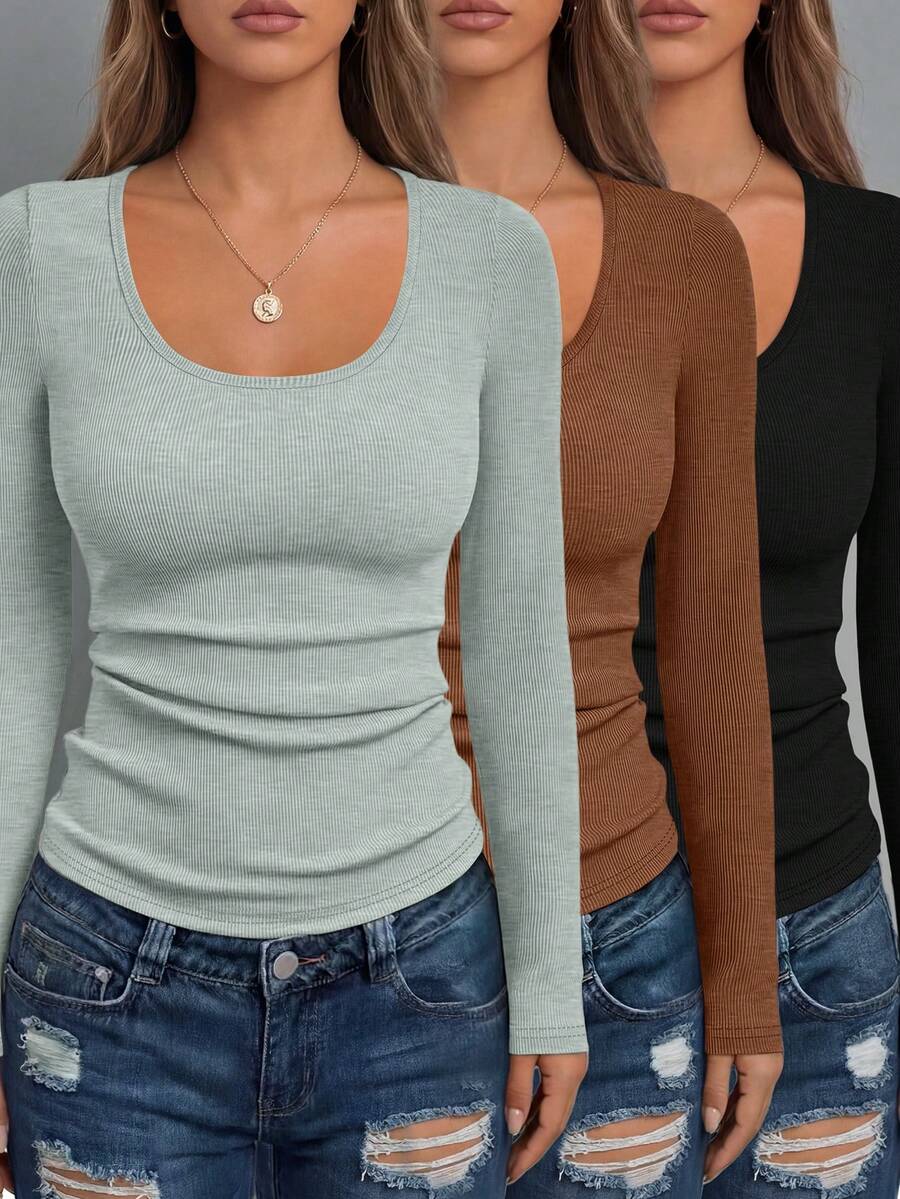 3pcs Women's Fashion Long Sleeve Round Neck Fitted Basic Shirt, Comfortable Long Sleeve T-Shirt, Spring/Autumn - Mixed Color 1 - View 1