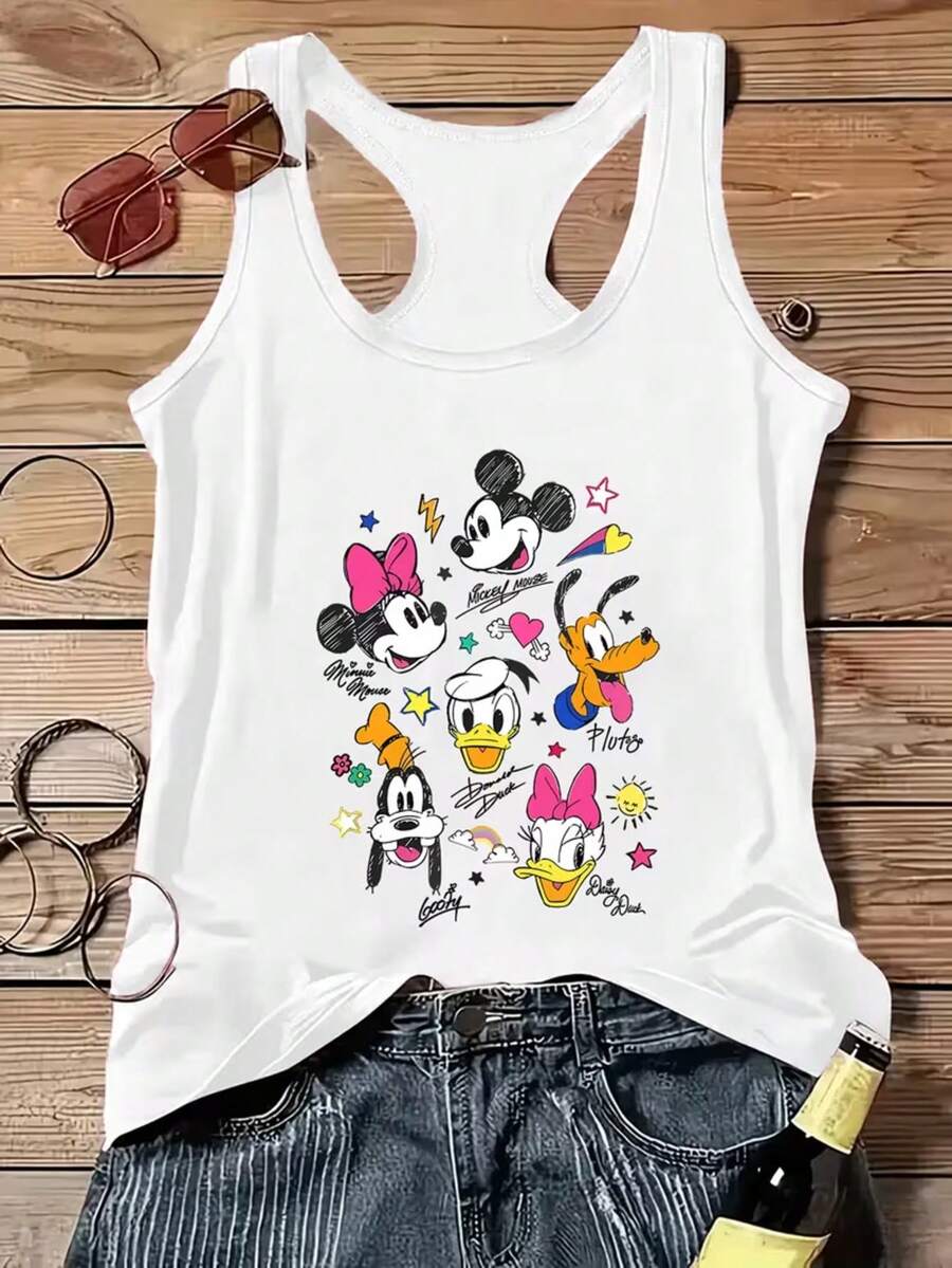 Disney Authorized A Y2K Fashion Sleeveless Tank Vest T-Shirt With Mickey Mouse Universe Print, Cool Summer T-Shirt, Sleeveless Tank Vest T-Shirt, Round Neck Casual Shirt, Spring And Summer, Women's Wear, Multi-Size And Multi-Color Optional. - White - View 1