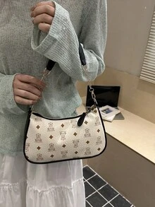 PU印花小熊链条单肩包，新月形斜挎包（女士款） - 白色 - 查看 3