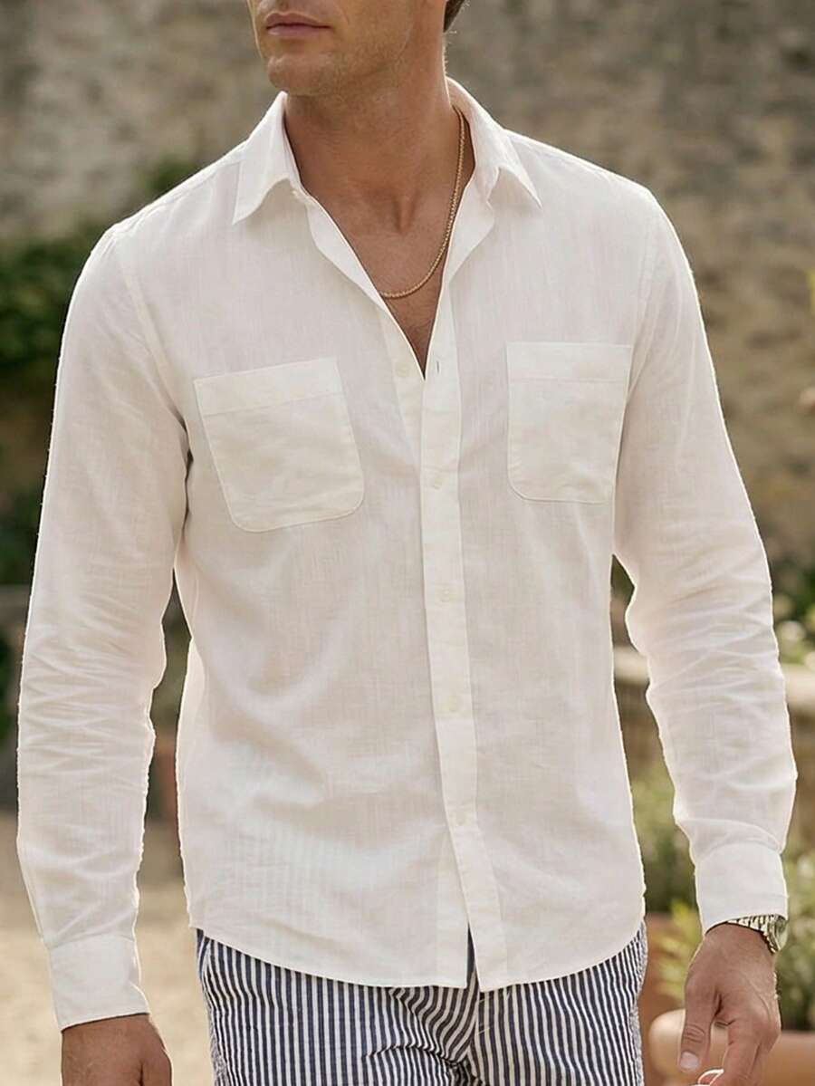 glestore 男士復古風老派時尚亞麻質感微透純色T恤，適合四季穿著，休閒百搭 - 白色 - 查看 1