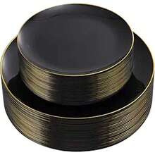 10.25英寸餐盘和7.5英寸沙拉盘套装,黑色包边,适合派对、毕业典礼、生日、婚礼、圣诞节、万圣节等场合。 - 黑色 - 查看 6