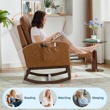 Silla Mecedora Deslizante, Cómoda Silla Mecedora Teddy con Respaldo Alto, Reposapiés y Bolsillo Lateral, Moderna Silla Mecedora Tapizada para Leer, Relajarse y Descansar - Marrón vintage - Ver 6