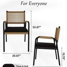 Conjunto de sillas de comedor para exteriores duraderas, 2 sillones de mimbre y ratán para todo tipo de clima con cojines, estructura de metal, cómodos asientos de jardín - 1 pieza - Negro - Ver 2