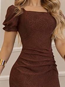 Women's Modern Casual Elegant Midi Lace Dress With Spandex, Comfortable, And Ruffled Hem. - 鏽棕色 - 查看 5