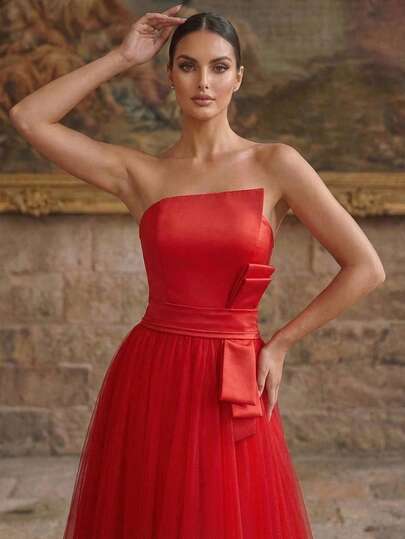 Smilprince 优雅红色梭织长裙，A字裙摆，适合正式场合