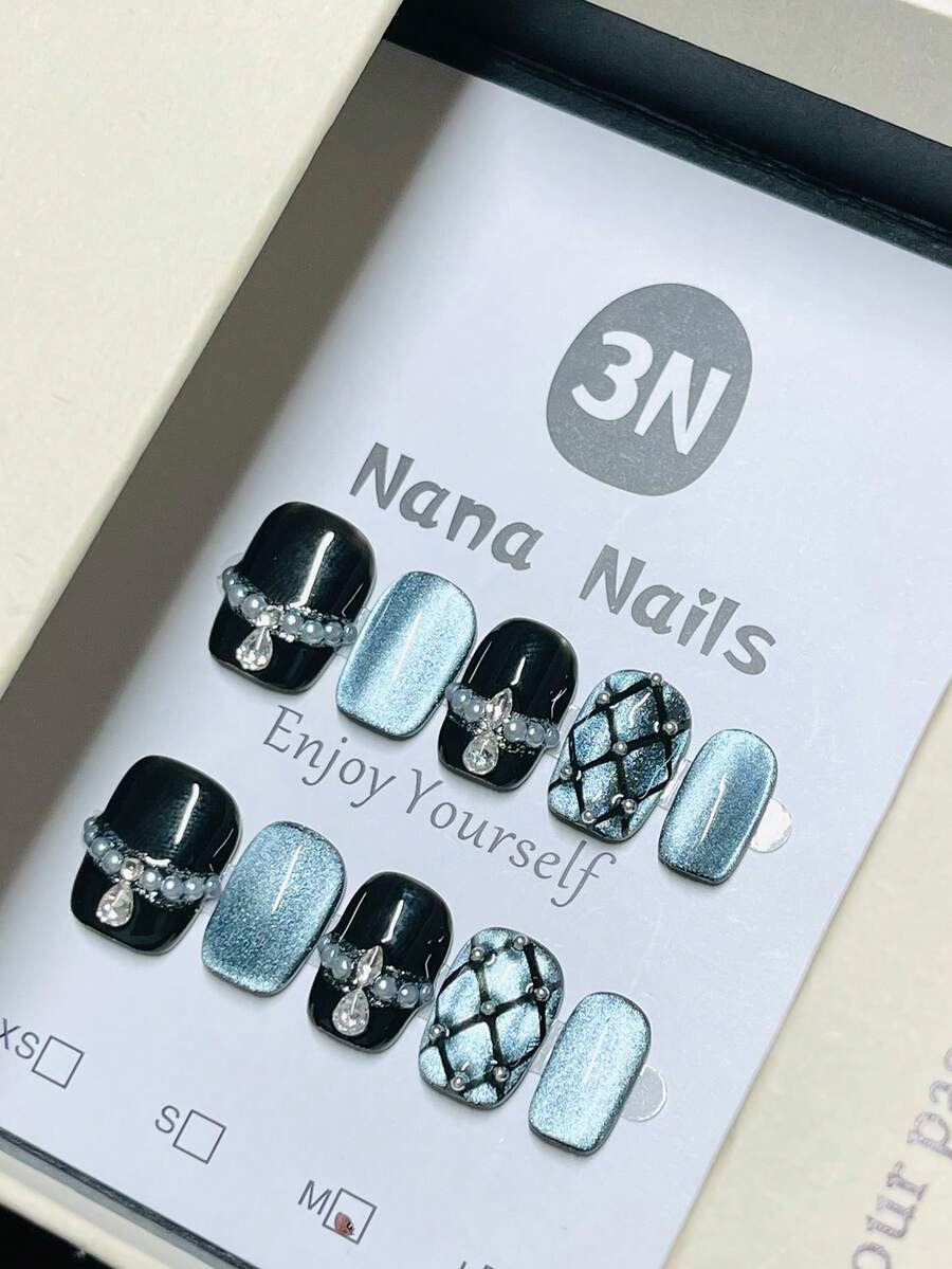 1package/10pcs-Edgy Black & Blue Cat Eye Press On Nails | Quilted Pattern & Pearl Chain Fake Nails - Multicolor - View 1