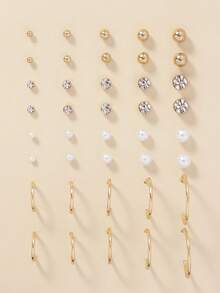 20pcs Set Minimalist Faux Pearl Rhinestone Metal Multi-Size Fashion Stud Earrings, Suitable For Daily Wear And Gifting - Yellow Gold - View 1