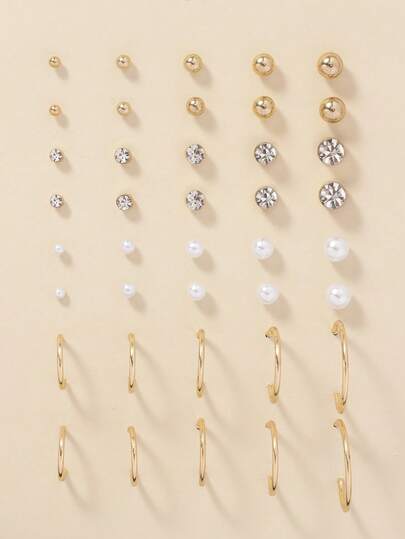 20件套简约仿珍珠水钻金属多尺寸时尚耳钉，适合日常佩戴和送礼