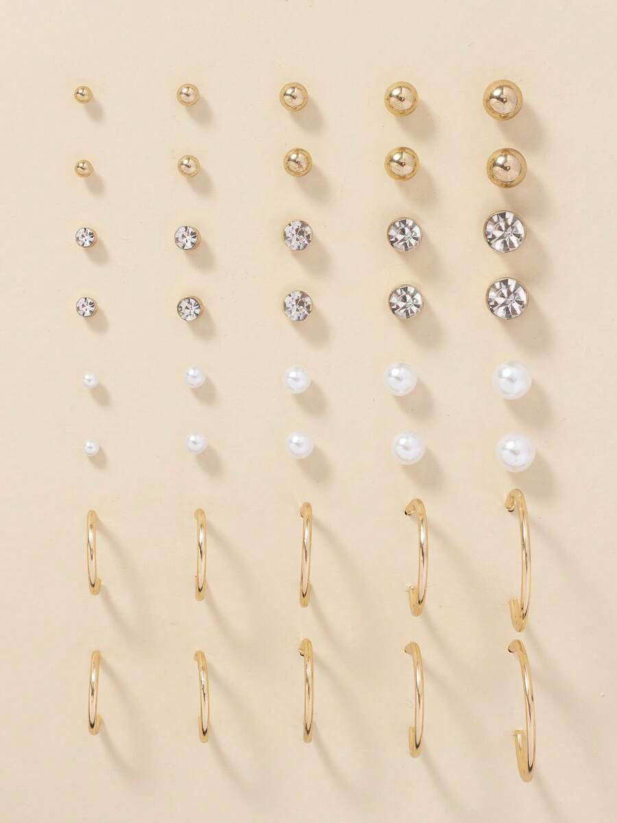 20pcs Set Minimalist Faux Pearl Rhinestone Metal Multi-Size Fashion Stud Earrings, Suitable For Daily Wear And Gifting - Yellow Gold - View 1
