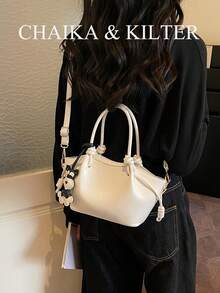 CHAIKA & KILTER 纯色PU皮革单肩包，女士休闲时尚水桶包，褶皱设计，可调节腰带，双提手，磁扣闭合，适合旅行、购物、约会、送礼，适合青少年、大学生和上班族女性，也适合办公室、学校、工作、商务、通勤、户外、旅行、野餐等场合（附赠吊坠） - 白色 - 查看 8