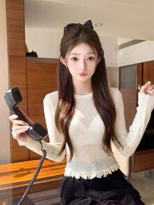 春夏韩版女式杏色针织长袖上衣 - 优雅、纯洁、甜美蕾丝边薄纱外套（杏色仅限内搭），适合日常穿着、约会、休闲聚会、海滩度假 - 杏色 - 查看 8