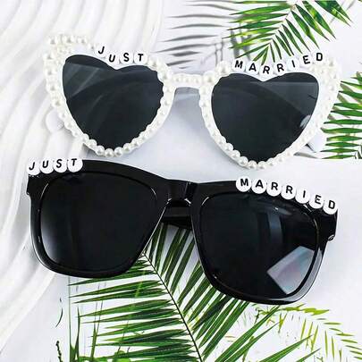 1/2pcs/Set Vintage Style Groom & Bride Heart Shaped Glasses Set - Suitable For Black & White Wedding Party, Bridal Shower Gifts, Couple Photo Props, Romantic Event Essentials