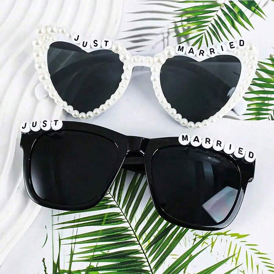1/2pcs/Set Vintage Style Groom & Bride Heart Shaped Glasses Set - Suitable For Black & White Wedding Party, Bridal Shower Gifts, Couple Photo Props, Romantic Event Essentials - Multicolor - View 1