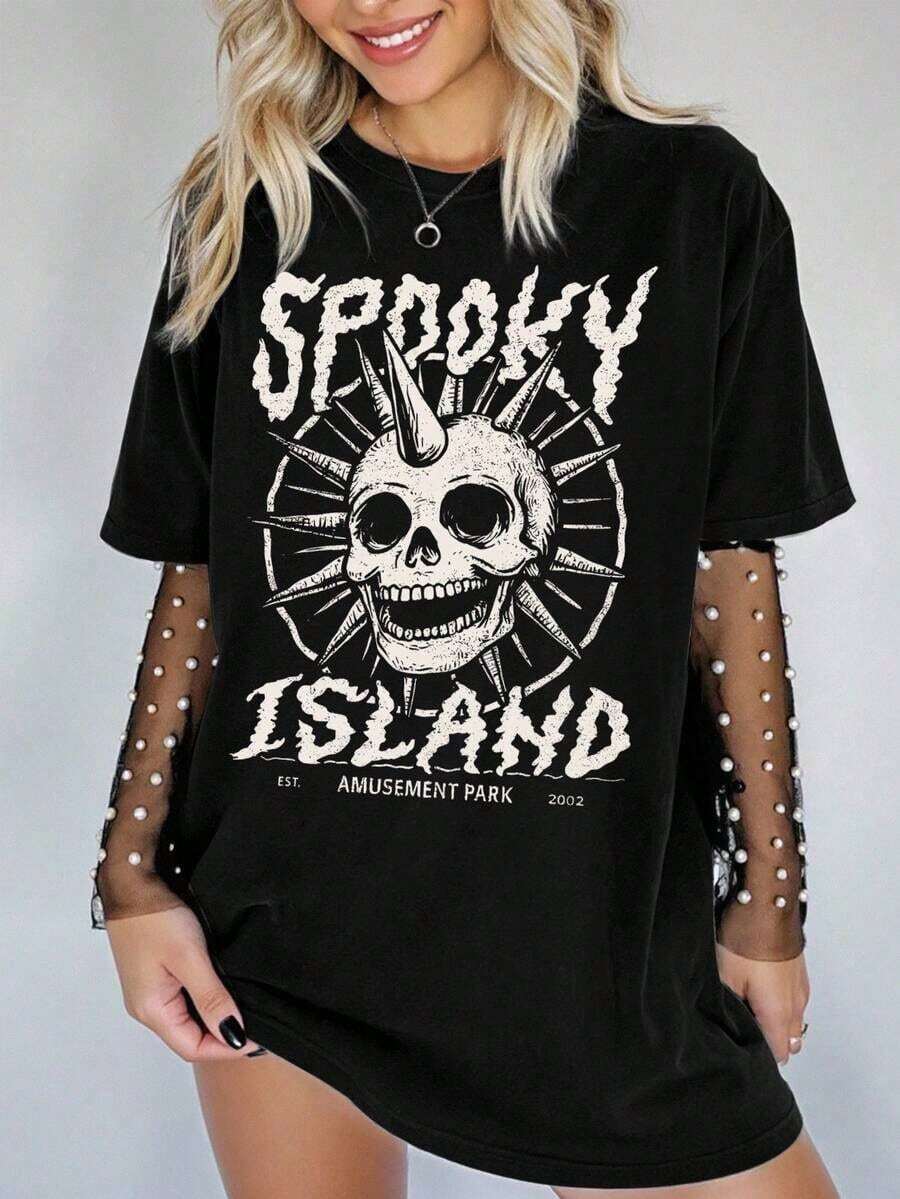 Plus Size Women Plus Size Casual Loose T-Shirt With Slogan & Skull Print, Street Style For Summer - Black 001 - View 1