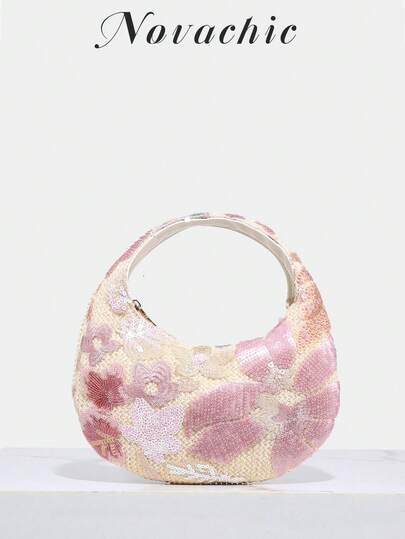 1pc Novachic Floral Decor Straw Bag, Casual Beach Vacation Style, Minimalist Design, Women's Handbag With Zipper Closure, Suitable For Travel And Daily Use