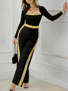 Women's Fashionable, Elegant, Versatile Contrast Color Long Sleeve Jumpsuit For Daily Wear - Black - View 6
