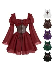 Robe médiévale à manches bouffantes, nouvelle robe de cosplay pour femme, jupe vintage ajustée avec cordon de serrage pour Halloween. - Noir - Voir 2