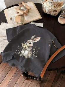 Young Girl Casual Funny Print Round Neck Short Sleeve T-Shirt, Summer Top - Dark Grey - View 5