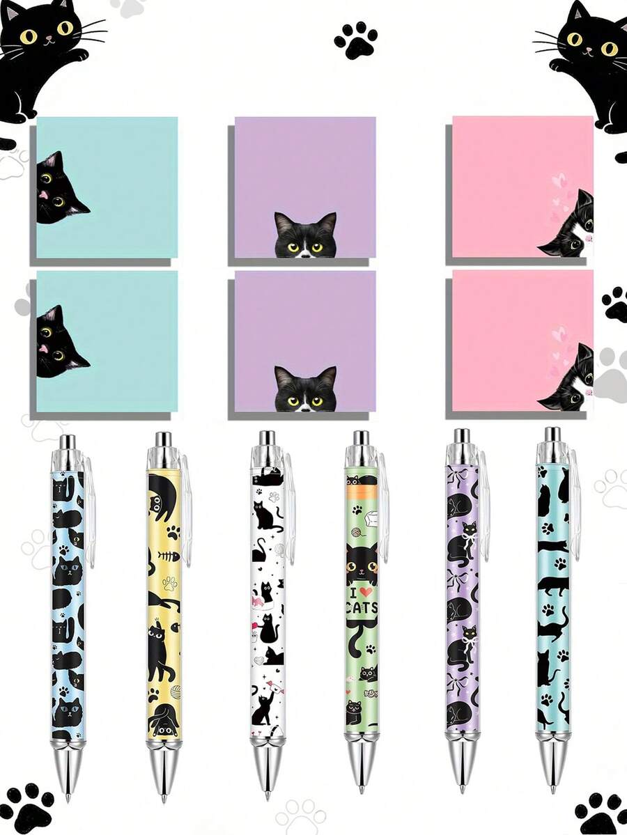 1/6 套可爱黑猫圆珠笔和便签纸套装，可伸缩按压式圆珠笔（黑色墨盒），自粘便签纸，办公、家庭和学校用品，教师和学生必备，生日和返校礼物 - 黑貓套裝 - 查看 1
