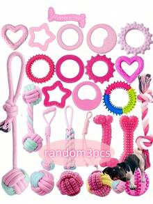 3/6/9件套幼犬磨牙玩具套装，包含带绳子的咀嚼玩具、零食球和发声玩具，采用耐用布料制成，适合幼犬和小型犬，是理想的礼物之选。 - 粉色 - 查看 16