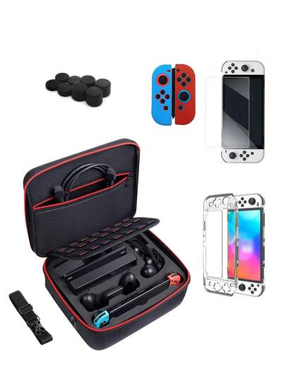 ערכת מגן אחת עבור נינטנדו סוויץ' OLED: תיק נשיאה אחד + 2 כיסויים לגיימפד + מסגרת אמצעית אחת + 2 כיסויי אחיזה סיליקון נשלפים + 8 כיסויי ג'ויסטיק + מגן מסך מזכוכית מחוסמת אחד. עיצוב נגד נפילות, נגד שריטות, נגד החלקה, עמיד בזיעה. ידית נוחה לנשיאה קלה בחוץ, הגנה מקיפה למכשיר הגיימינג.