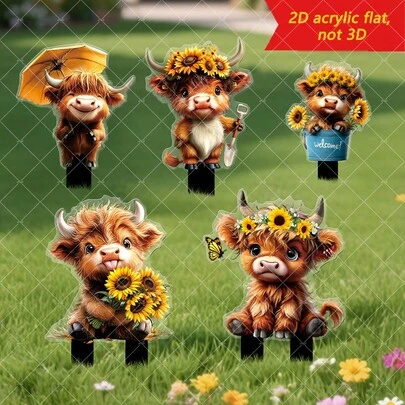 1pc Cute Sunflower Highland Cow Acrylic Garden Stake, Floral Design, Suitable For Lawn, Yard, Garden, Outdoor Art Decor, 2D