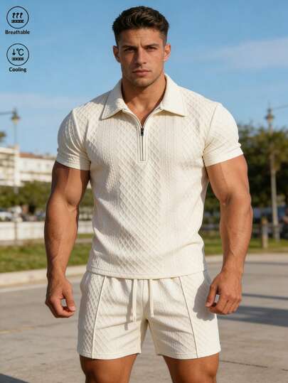 Bộ áo polo và quần short nam mùa hè, chất liệu vải dệt họa tiết, thoáng mát, thích hợp cho đạp xe, chạy bộ, cắm trại, leo núi, đi biển, du lịch và mặc hàng ngày.