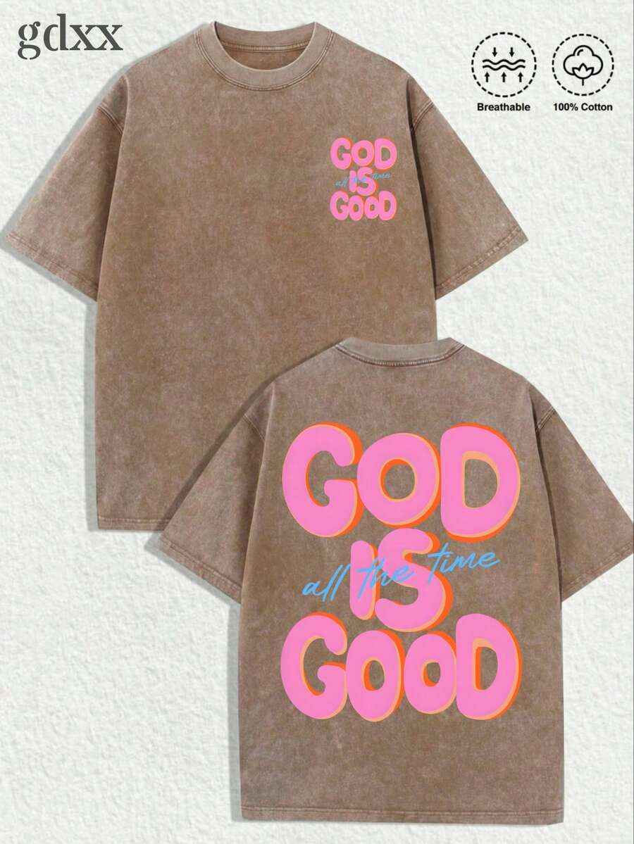 Plus-Size Vintage Washed Christian T-Shirt, God Is Good All The Time ,Christian God Graphic T-Shirt, Loose Fit, 230g Pure Cotton Men's T-Shirt, A - Cà phê nâu - Xem 1