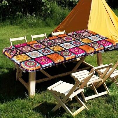 1件长方形曼陀罗图案弹性防水桌布，防油易清洁，适合户外活动、野餐、露营、庭院派对、生日庆祝、厨房纺织品。