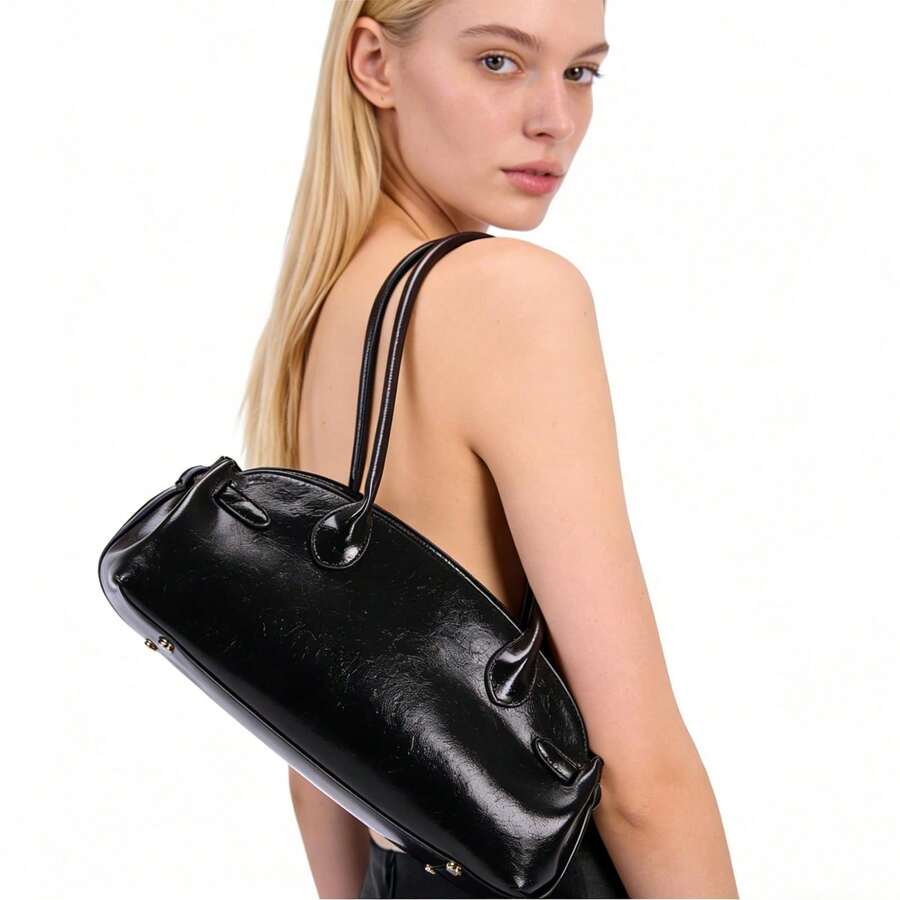 Sac bandoulière de créateur en cuir brillant pour femme – Sac hobo luxueux avec poignées pratiques - Sac baguette ciré à l'huile, noir, 33,5 x 16 x 13 cm - Voir 1