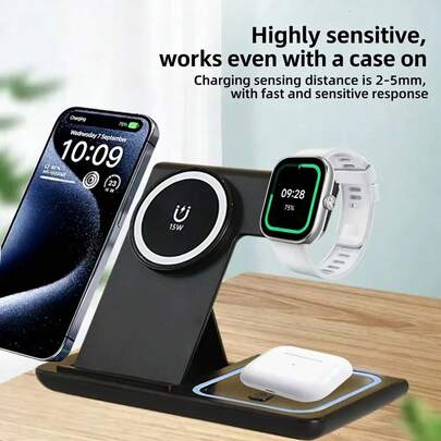 AmSengo Cargador inalámbrico rápido magnético de 15W, estación de carga 3 en 1 plegable para iPhone 17 16 15 14 13 12 11, Watch 9 8 7 6 5 Pro, con fuente de alimentación USB