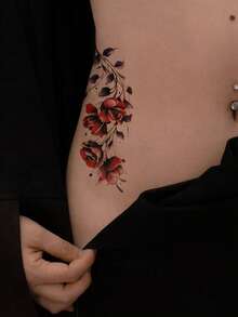 1pc Fashionable Cool Temporary Tattoo Sticker, Couple Tattoo, Black Fake Tattoo, One-Time Use Tattoo, Rose & Flower Design, Waterproof & Non-Reflective, Easy To Apply & Remove, Highly Realistic, Suitable For Men & Women On Leg, Foot, Chest, Thigh, Arm, Waist, Abdomen, Music Festival Party Supplies - Black - View 3