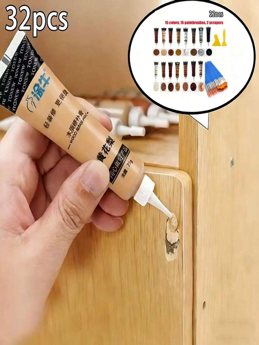 32件套木制家具修补膏和填料套装，木纹修补填料，多种颜色混合，含工具套装。适用于桌子、椅子、踢脚线、门窗和其他木制家具，可用于各种家具翻新和工艺品制作、家居装饰、办公用品，是装修必备品。