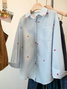 Camisa casual de rayas con estampado de corazón para mujer, primavera - Corazón Azul - Ver 2