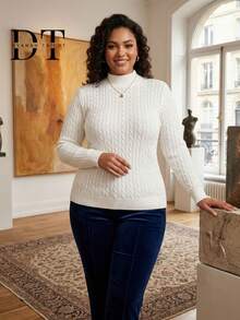 Women's Plus Size Knit Blouse With High Neck, Long Sleeves, Braided Knit Sweater With Fitted Cuffs, Winter - 藏蓝色 - 查看 8