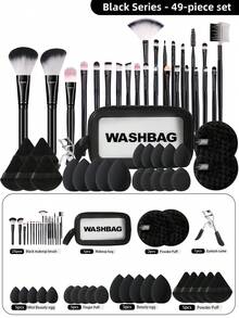 49件套化妆工具套装，包括：25支化妆刷套装+1个多功能防水拉链化妆包+2个洁面海绵+1个睫毛夹+5个三角粉扑+5个化妆海绵+5个迷你气垫粉扑+5个迷你化妆海绵 - 彩色 - 查看 1