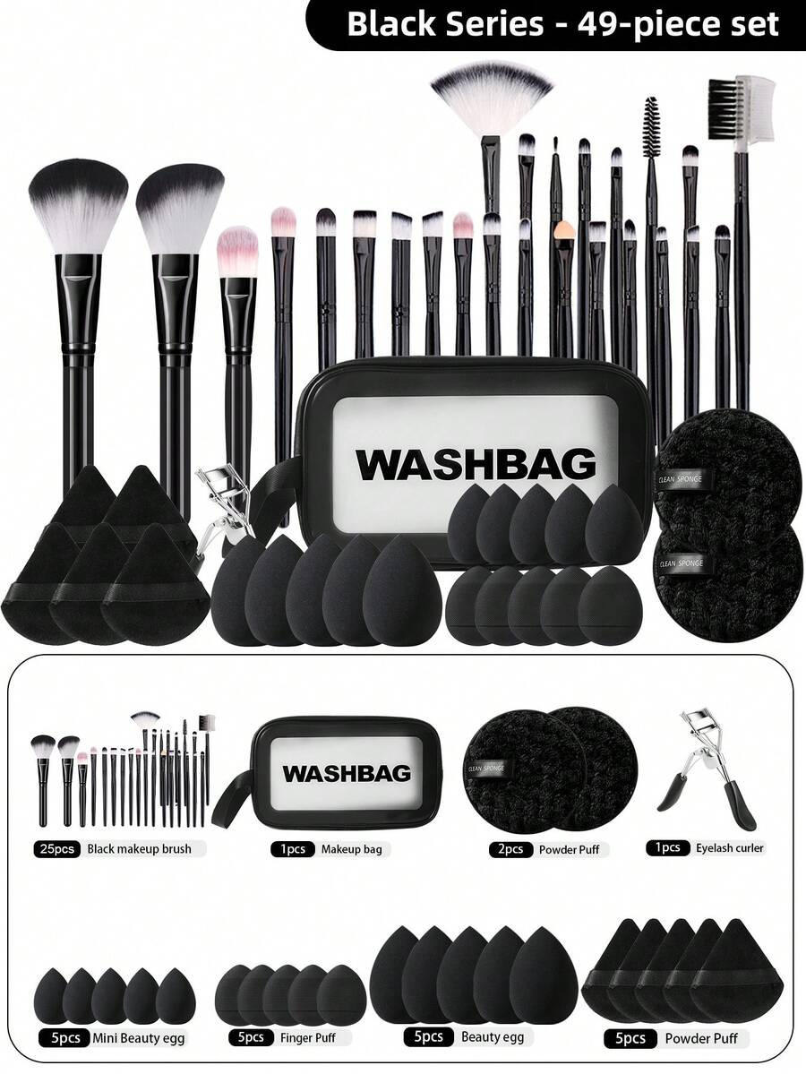 49件套化妆工具套装，包括：25支化妆刷套装+1个多功能防水拉链化妆包+2个洁面海绵+1个睫毛夹+5个三角粉扑+5个化妆海绵+5个迷你气垫粉扑+5个迷你化妆海绵 - 彩色 - 查看 1