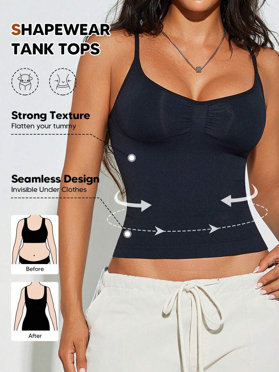 1pc Women's Basic Camisole Shapewear, Autumn/Winter Casual Black Summer - Black - View 1